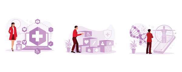 Female doctor looking at medical network icon connection. The doctor arranges wooden blocks with medical icons. Virtual digital health services. Medical concept. Set Trend Modern vector flat illustrat