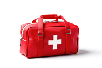 Red bag with first aid kit on white background - obrazy, fototapety, plakaty
