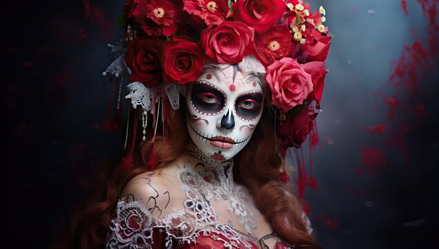 Beautiful girl with sugar skull makeup and red flowers in her hair.