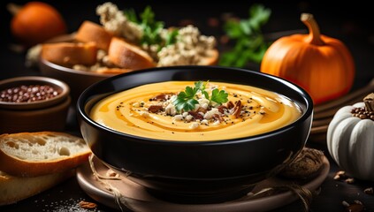 Fototapeta premium Pumpkin soup with croutons and nuts on dark background