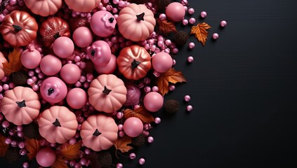 Autumn composition with pumpkins, leaves and berries on black background