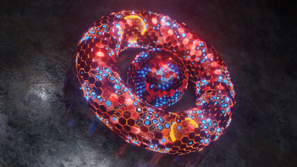 Abstract 3d illustration of a torus, a geometric figure made of many honeycombs, metal hexagonal elements. 3d rendering of abstract geometric background, fantastic design.