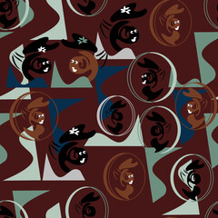 seamless pattern - cartoon images in a cap with a flower, on a dark brown background