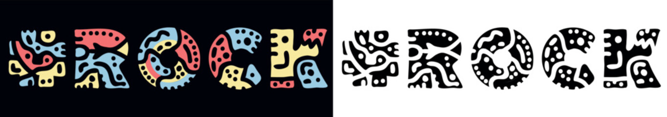 ROCK Hashtag. Doodle isolate text. Colored curves decorative doodle letters. Folk artwork style. Hashtag #ROCK for print, booklet, banner, flyer. Stock vector.