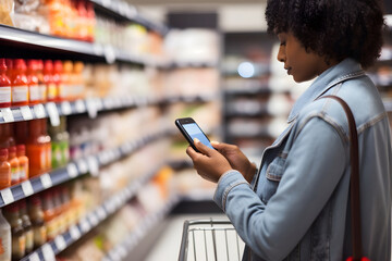 Afro American woman checking the shopping list in her mobile phone at a supermarket worried about saving money due to rising prices due to inflation