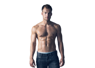 Muscle, body and portrait of man with six pack for fashion, fitness and confidence isolated on png transparent background. Strong, topless and serious Irish model in denim jeans with healthy abs