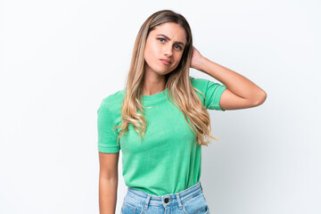 Young Uruguayan woman isolated on white background having doubts