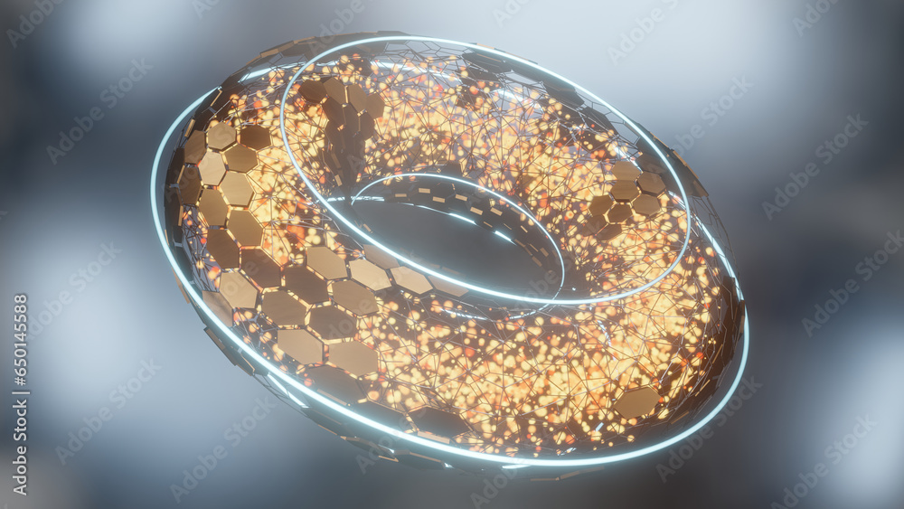 Poster 3d rendering of an abstract geometric figure made of many strands of light, lines and hexagons. abst