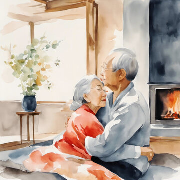 Elderly asian couple hugging by the fireplace abstract art with copy space