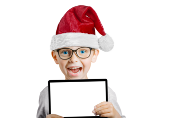 Happy child boy  holding a tablet on png background