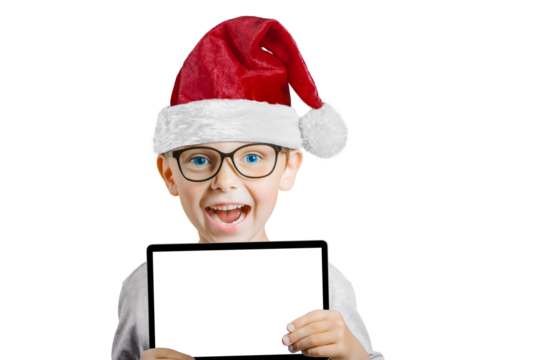 Happy child boy  holding a tablet on png background