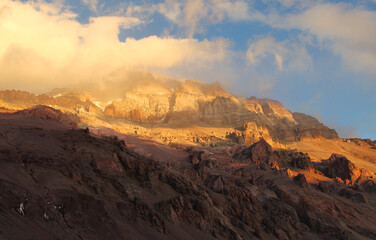 Fototapeta premium Mount mountain slopes blue sky. Parque provincial Aconcagua, Mendoza Argentina