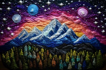 Starry Night Landscape: A Detailed Handmade Embroidery, Generati