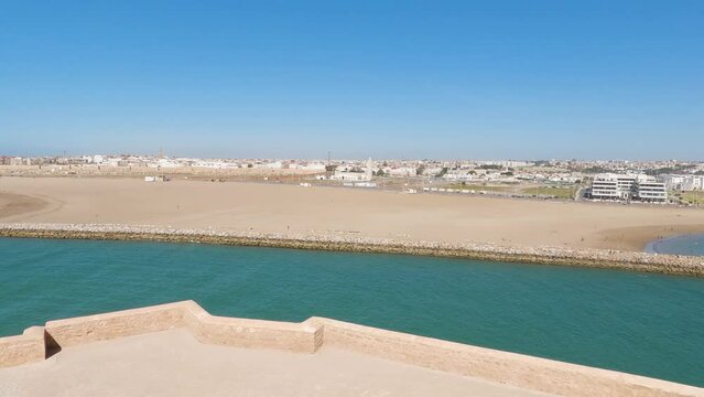 Marocco panoramic pan shot on top of Rabat Kasbah of the Udayas, Place Oudaya