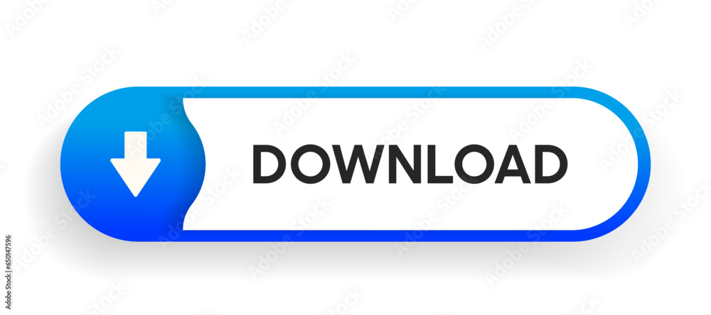 Aufkleber 3D blue download button icon. Upload icon. Down arrow bottom side symbol. Click here button. Save cloud icon push button for UI UX, website, mobile application.