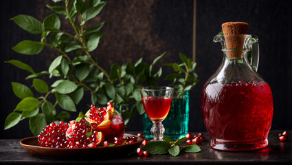 Juice, fresh pomegranates on old background