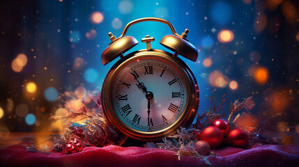 Alarm clock on New Year neutral winter background