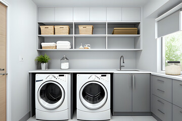 Interior of modern home laundry room with washing machine, basket and shelving unit - obrazy, fototapety, plakaty