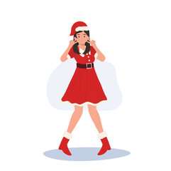 Smiling Young Woman in Santa Claus Costume. Beautiful Girl in Santa Claus Outfit.  Festive Holiday Illustration.