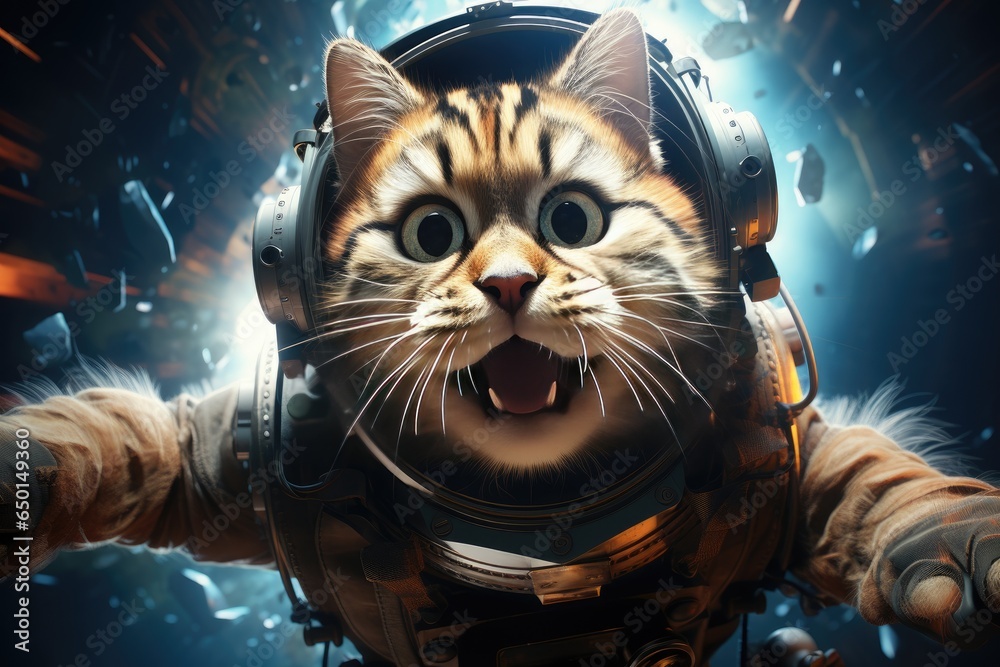 Wall mural portrait of cat astronaut in spacesuit. funny animal