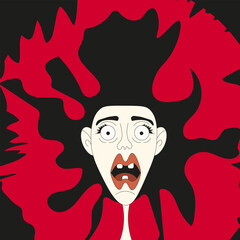 Cartoon female portrait with crazy emotion on face. Popster cover with grunge Woman emoticon. Crazy person isolated on torn red background. Vector illustration. Halloween design t-shirt print.
