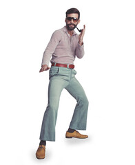 Fototapeta premium Retro, fashion and man in portrait dancing in disco with 70s, pipe and smoking on isolated, transparent or png background. Vintage, clothes and person with sunglasses and hippie, style or freedom