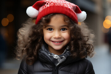 Sweet Child in Santa Hat Delighted by Christmas Gift