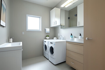 Fototapeta na wymiar Interior of light bathroom with drawers, toilet bowl and laundry basket