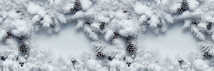 Seamless. A Christmas-themed curstomizable banner featuring snow-blanketed fir branches, evoking the serene and wintery beauty of the holiday season. Photorealistic illustration