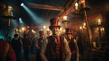 Magician with a red top hat in the old circus. - obrazy, fototapety, plakaty