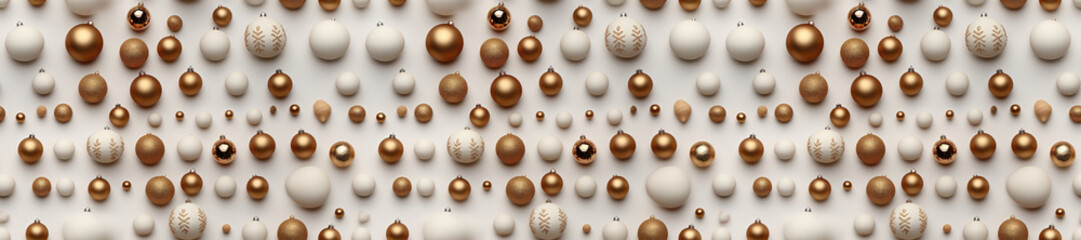 Seamless. A Christmas-themed background image showcasing an arrangement of gold and white baubles, offering a festive backdrop for your holiday-related content. Photorealistic illustration