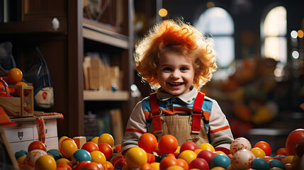 Fototapeta premium Funny red-haired boy playing with eggs in the children's room. Son of clown.
