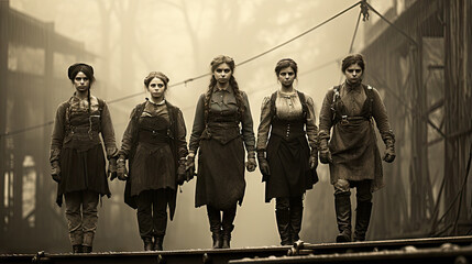 Group of five women workers, vintage retro photo.