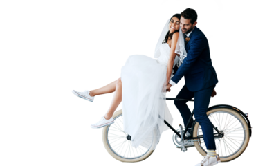Smile, wedding and couple on bicycle for celebration event isolated on a transparent png background. Marriage, happy bride and groom on bike to travel together on transport for love, romance and care