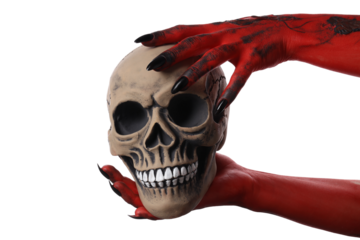 PNG, Skull in red female hands, isolated on white background