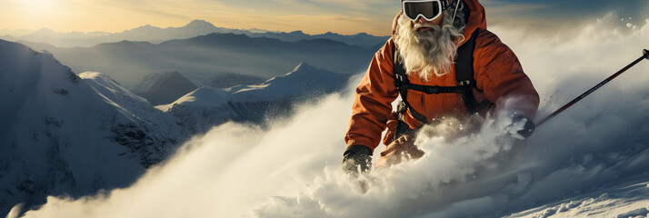man in Santa Claus costume goes skiing in mountains in winter - obrazy, fototapety, plakaty