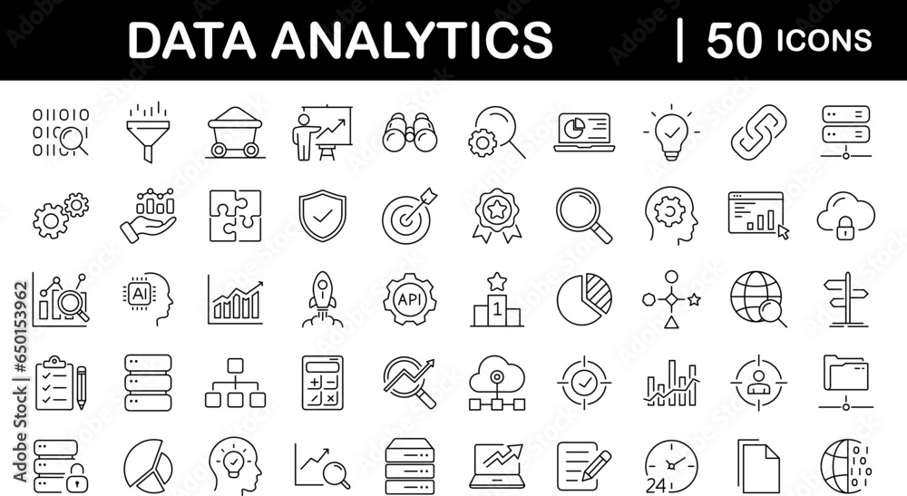 Fototapete Data analytics set of web icons in line style. Data analysis icons for web and mobile app. Data processing, statistics, database, analytics, monitoring, computing, AI, hosting, monitoring, server