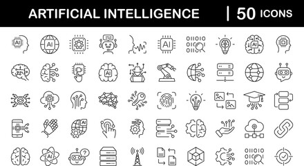 Artificial intelligence set of web icons in line style. AI technology icons for web and mobile app. Machine learning, digital AI technology, algorithm, smart robotic, cloud computing network - obrazy, fototapety, plakaty