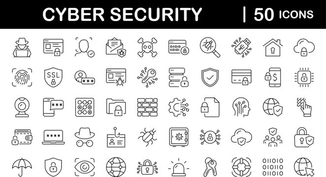 Cyber security set of web icons in line style. Internet protection icons for web and mobile app. Data protection, network, technology, password, key, shield, lock, password, eye access, spam, hacker