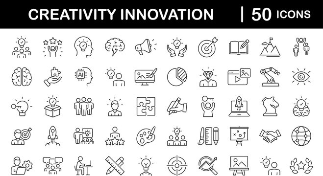 Creativity innovation set of web icons in line style. Creative business solutions icons for web and mobile app.Creative idea, team management, solution, brainstorming, invention. Vector illustration