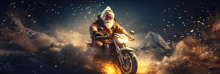 Santa Claus with gifts for Christmas rides motorcycle in winter. New Year Greeting card - obrazy, fototapety, plakaty