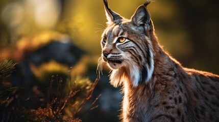 Close-up view of an adult Iberian lynx in a Mediterranean oak forest. World's rarest animal. - obrazy, fototapety, plakaty