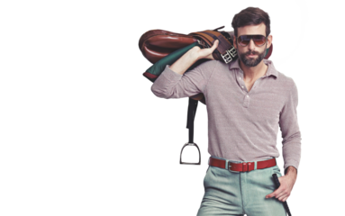 Horseback riding, getting ready and portrait of man with fashion, style and vintage aesthetic. Cool, retro and person or model for activity in unique clothes isolated on a transparent png background