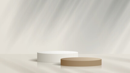 Realistic elegant white and brown podium with plant shadows on the wall and floor background.