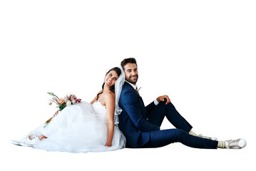Isolated couple, portrait and wedding flower bouquet for sitting, smile or pride by transparent png background. Man, woman and happy marriage celebration with new beginning, party or event for love