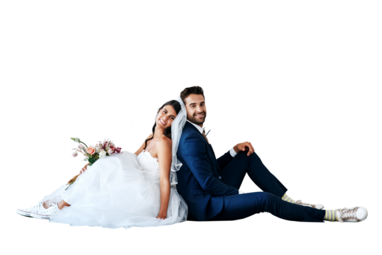 Isolated couple, portrait and wedding flower bouquet for sitting, smile or pride by transparent png background. Man, woman and happy marriage celebration with new beginning, party or event for love