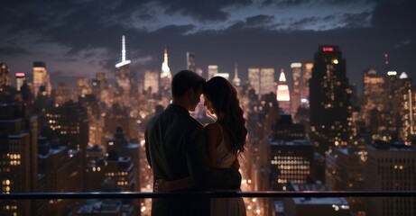 a couple sharing a moment on a rooftop, with the majestic city lights and skyscrapers as their backdrop