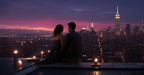 Fototapeta na wymiar a couple sharing a moment on a rooftop, with the majestic city lights and skyscrapers as their backdrop