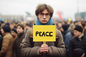 Young man holding peace banner during protest against war and aggression with hundreds people in the background.