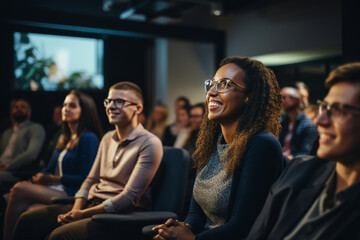 A candid shot of attendees nodding in agreement as the presenter shares compelling insights on a projection screen during a productive business meeting - obrazy, fototapety, plakaty
